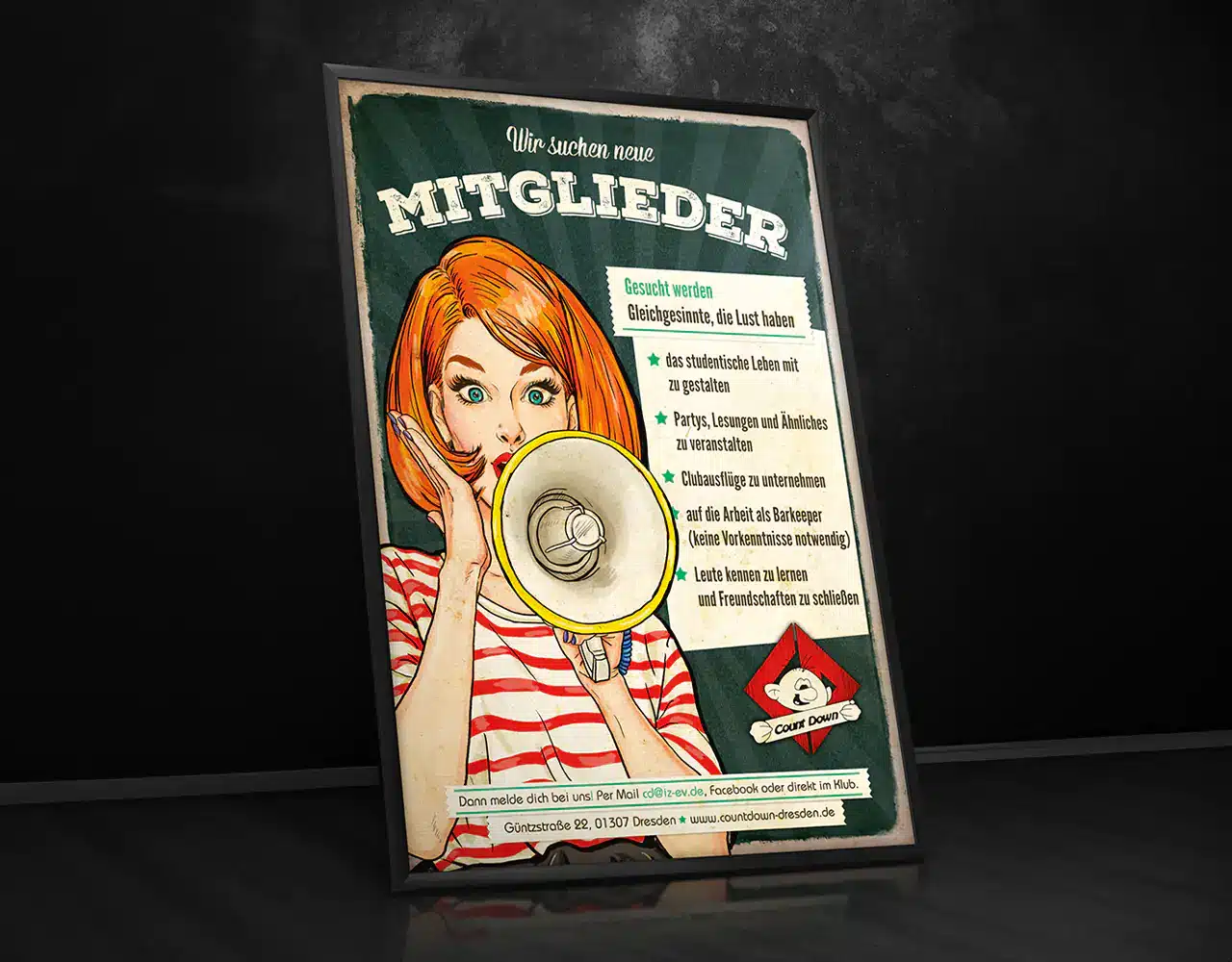 Plakatdesign zur Mitgliedersuche – modernes Layout mit auffälliger Typografie und einladender Botschaft