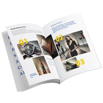 Hochwertiges Printmagazin mit modernem Layout, stilvollen Bildern und professionellem Design für exklusive Marken.