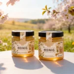 Professionelles Etiketten Design für Honiggläser mit Illustrationen und Wabenmuster