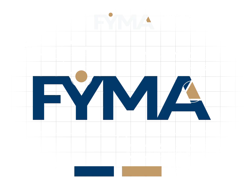 FYMA Logo Design und Corporate Identity Raster in Dunkelblau und Gold.