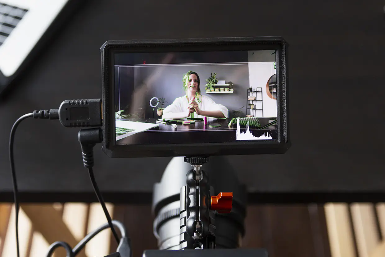 Blick auf einen Kamera-Monitor während einer professionellen Videoproduktion im Studio.